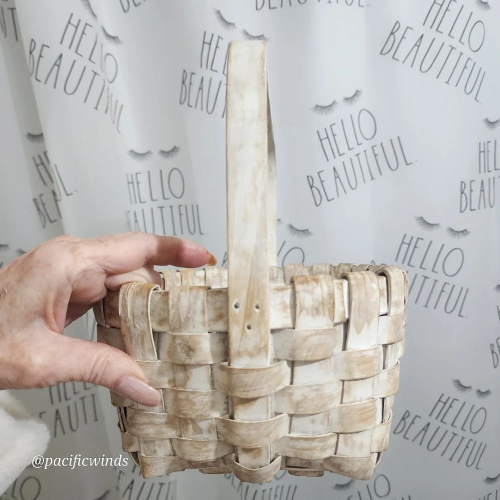 ASH WOOD VINTAGE WOVEN WHITEWASHED BASKET GATHERING BASKET